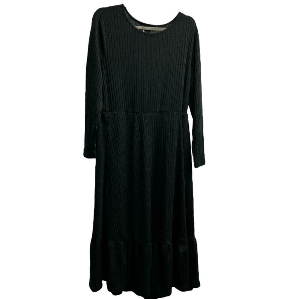 BLOOMCHIC Black Ribbed Long Sleeve Flowing Maxi Dress in Size 14/16